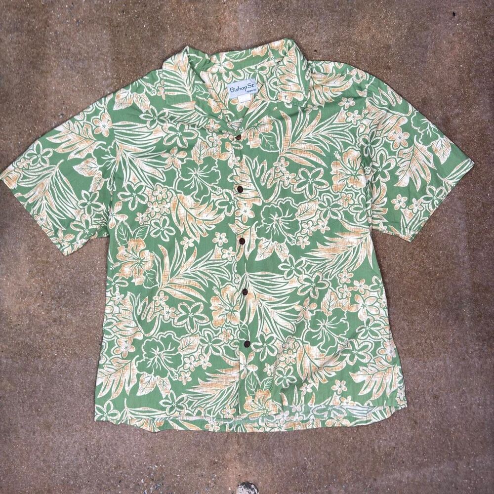 Bishop‎ St Apparel Hawaiian Shirt Green Tropical Floral Hibiscus Aloha Mens